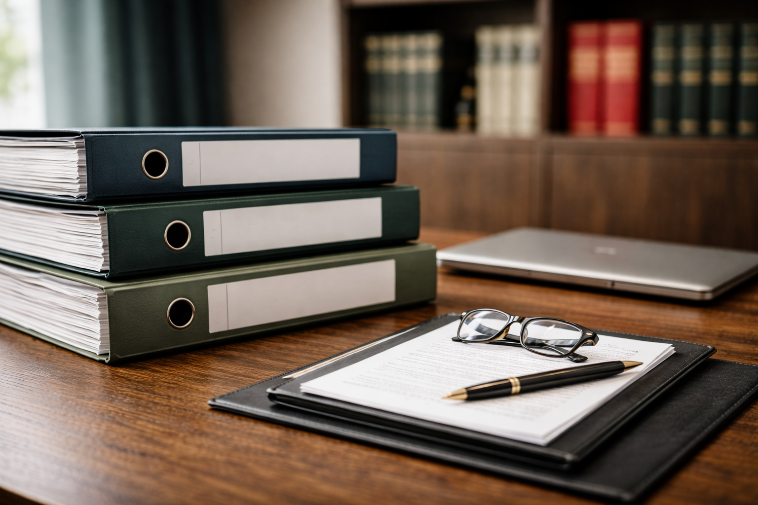 Escritorio jurídico con documentación, carpetas y herramientas de trabajo del despacho