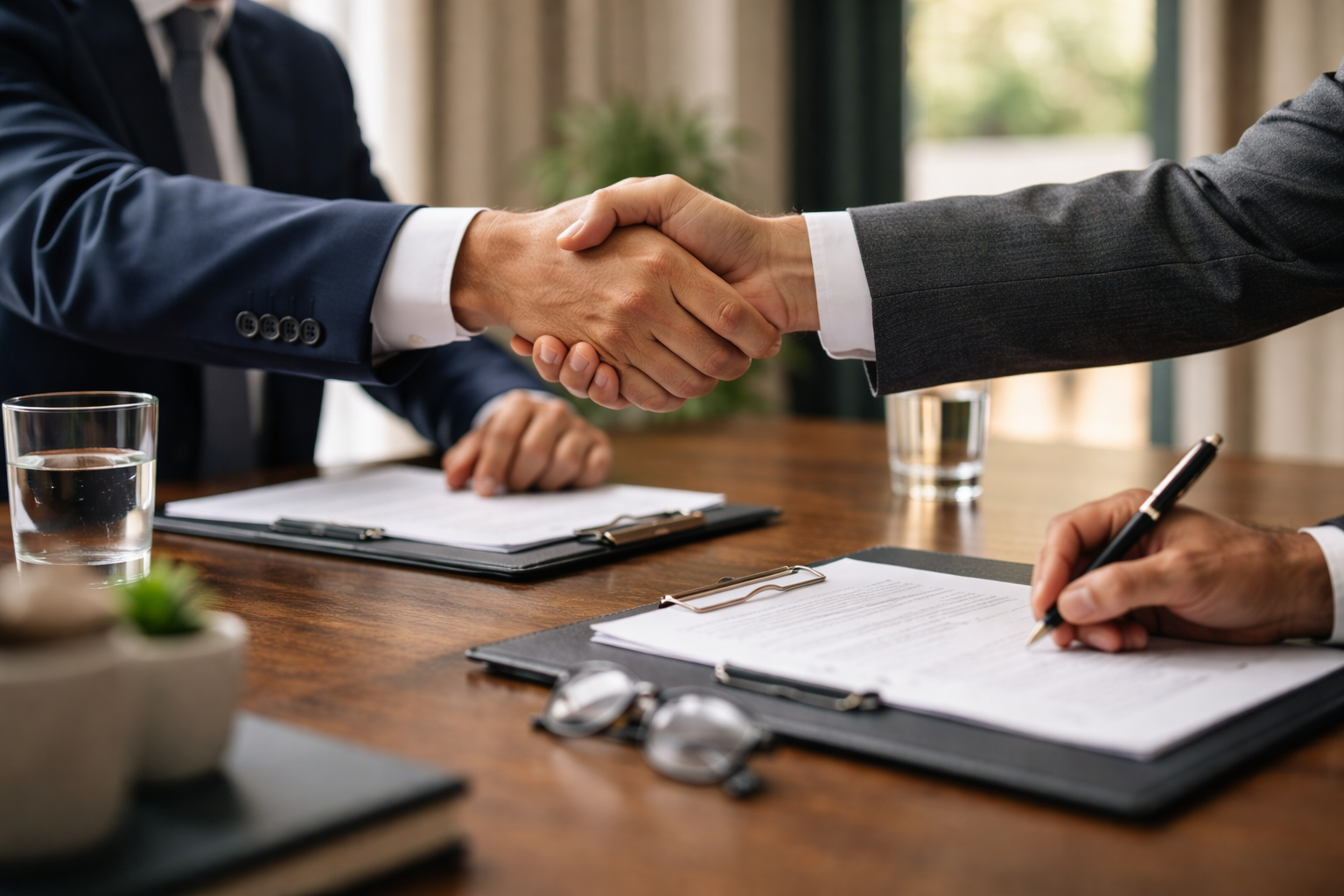 Acuerdo profesional: apretón de manos y firma de documentos entre partners